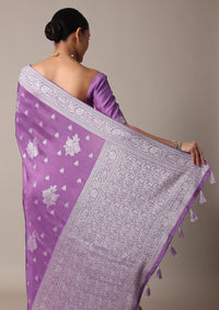 Dark Purple Dola Silk Saree With Silver Weave And Unstitched Blouse Piece