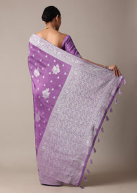 Dark Purple Dola Silk Saree With Silver Weave And Unstitched Blouse Piece