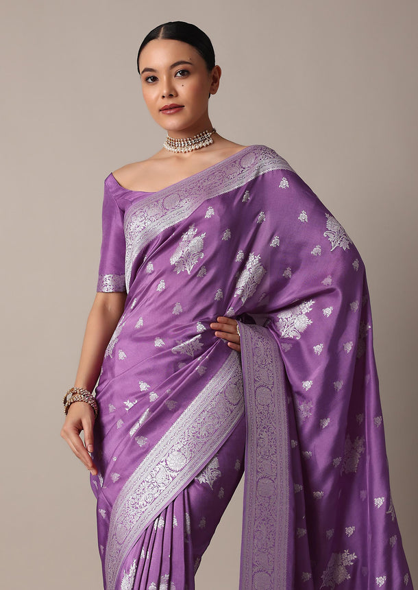 Dark Purple Dola Silk Saree With Silver Weave And Unstitched Blouse Piece