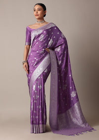 Dark Purple Dola Silk Saree With Silver Weave And Unstitched Blouse Piece