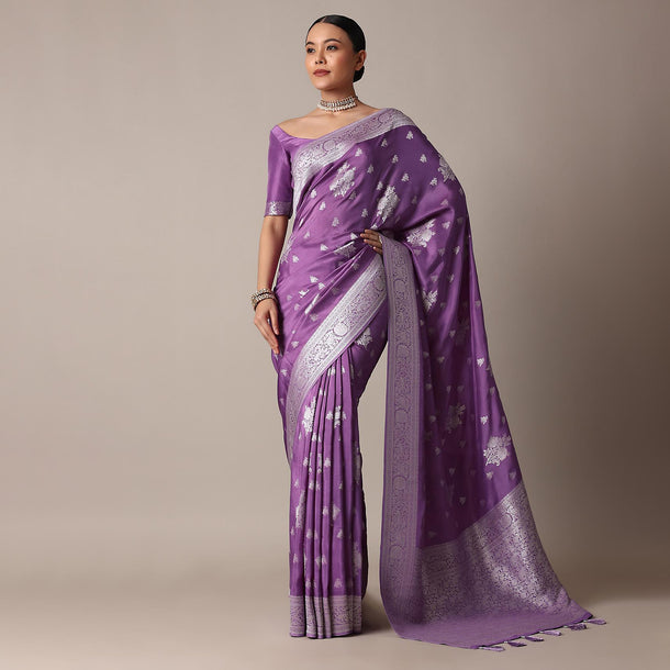 Dark Purple Dola Silk Saree With Silver Weave And Unstitched Blouse Piece