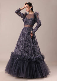 Dark Purple Embroidered Fancy Ruffle Gown