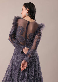 Dark Purple Embroidered Fancy Ruffle Gown