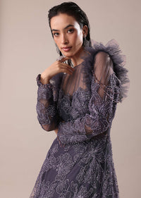 Dark Purple Embroidered Fancy Ruffle Gown