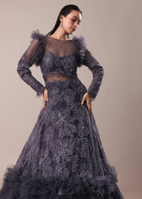 Dark Purple Embroidered Fancy Ruffle Gown