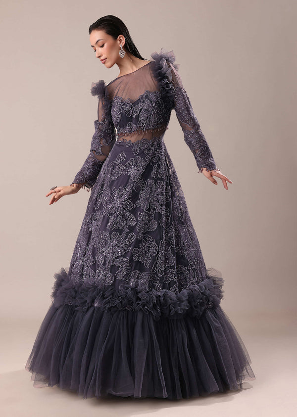 Dark Purple Embroidered Fancy Ruffle Gown