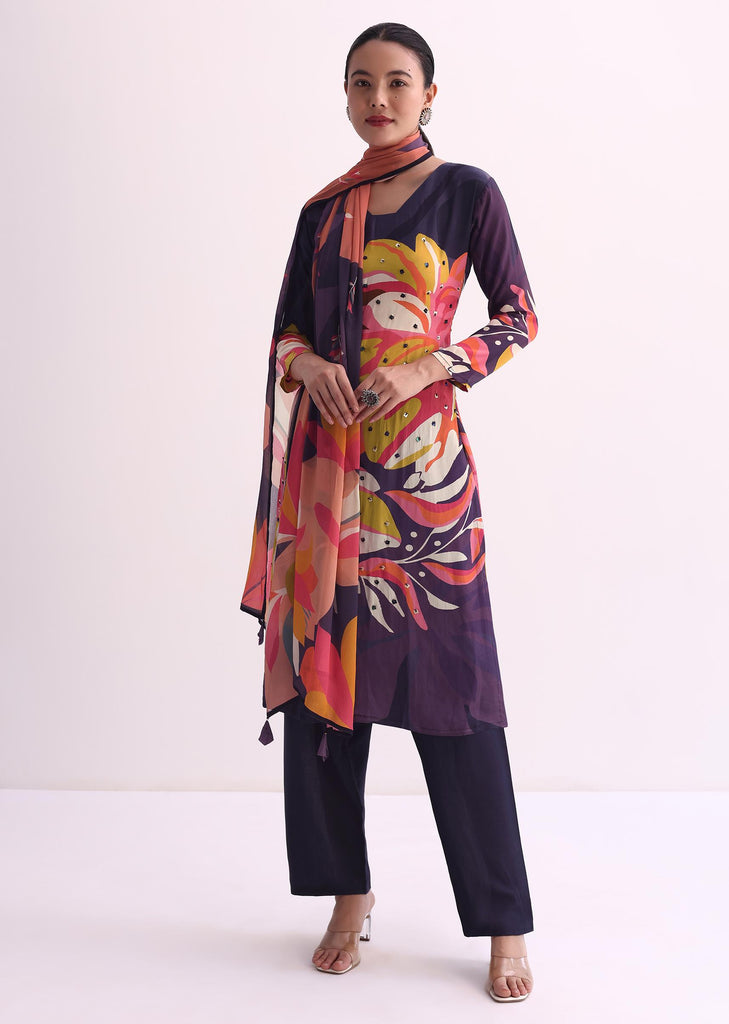 Dark Purple Floral Printed Kurti Pant Set With Dupatta