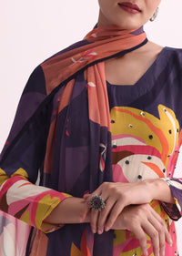 Dark Purple Floral Printed Kurti Pant Set With Dupatta