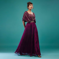 Burgundy Purple Hand-Embroidered Palazzo Crop-Top Set In Chinon