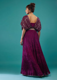 Burgundy Purple Hand-Embroidered Palazzo Crop-Top Set In Chinon