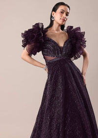 Dark Purple Hand Embroidered Ruffle Sleeve Gown