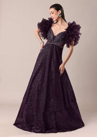 Dark Purple Hand Embroidered Ruffle Sleeve Gown