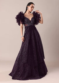 Dark Purple Hand Embroidered Ruffle Sleeve Gown