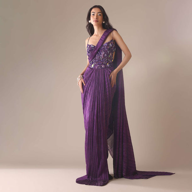 Dark Purple Heavy Embroidered Saree In Crushed Shimmer