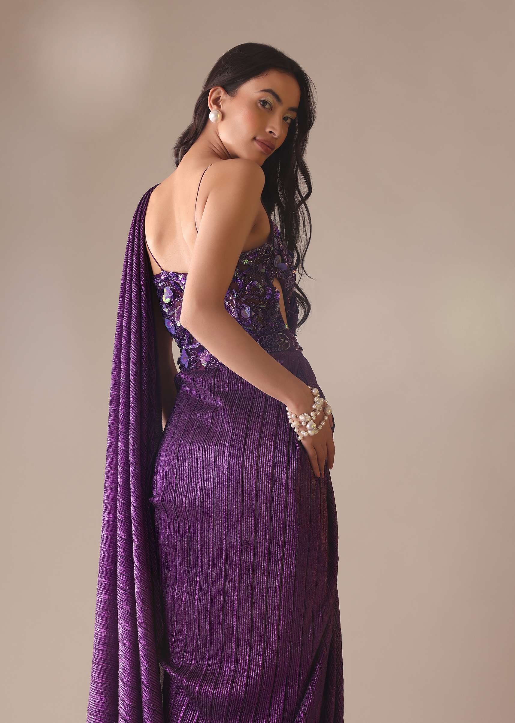 Dark Purple Heavy Embroidered Saree In Crushed Shimmer