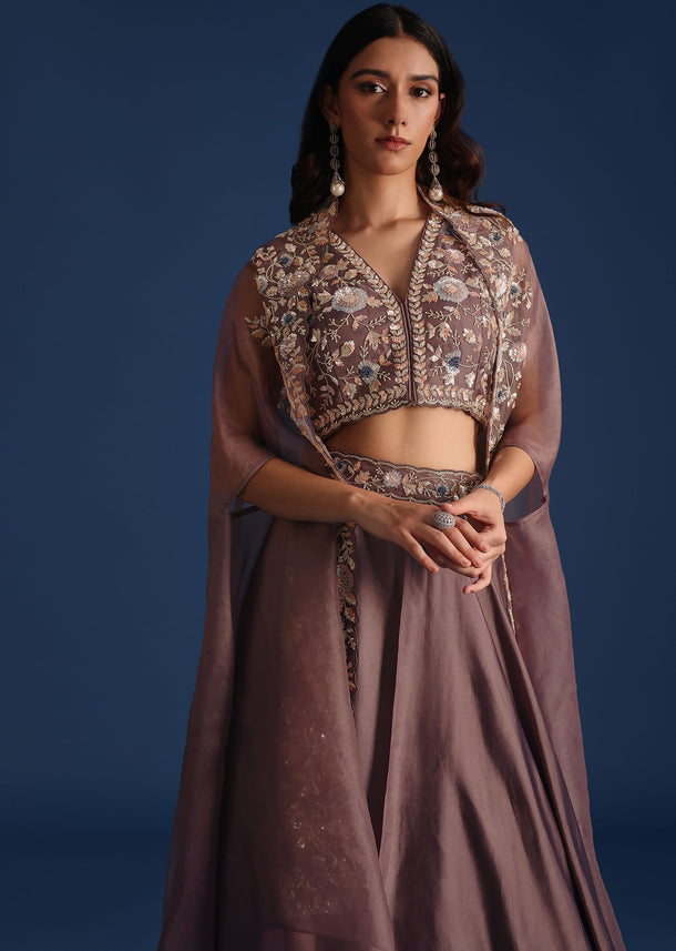 Dark Purple Jacket With Sequin Crop Top And Skirt