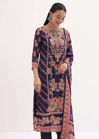 Dark Purple Printed Organza Kurta Pant Set