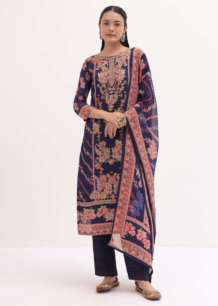 Dark Purple Printed Organza Kurta Pant Set