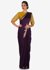 Dark Purple Saree In Satin With Mustard Blouse Beautified In Zardosi And Gotta Patch Work Online - Kalki Fashion