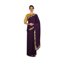 Dark Purple Saree In Satin With Mustard Blouse Beautified In Zardosi And Gotta Patch Work Online - Kalki Fashion