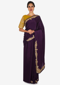 Dark Purple Saree In Satin With Mustard Blouse Beautified In Zardosi And Gotta Patch Work Online - Kalki Fashion