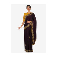 Dark Purple Saree With Mustard Blouse Carved In Heavy Cut Dana Embroidery Work Online - Kalki Fashion