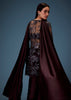 Dark Purple Satin Triple Layered Gathered Sharara With Feather Sleeves Jacket And Bustier