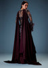 Dark Purple Satin Triple Layered Gathered Sharara With Feather Sleeves Jacket And Bustier
