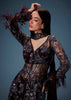 Dark Purple Satin Triple Layered Gathered Sharara With Feather Sleeves Jacket And Bustier