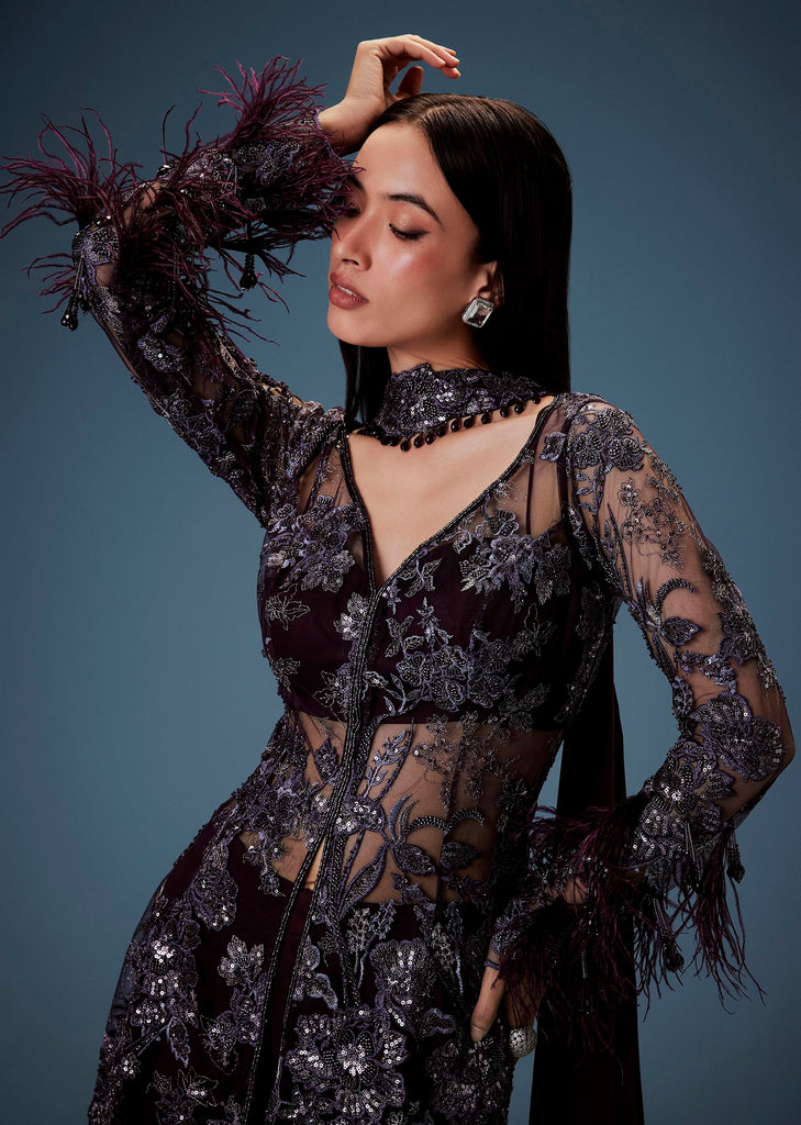 Dark Purple Satin Triple Layered Gathered Sharara With Feather Sleeves Jacket And Bustier