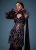 Dark Purple Satin Triple Layered Gathered Sharara With Feather Sleeves Jacket And Bustier