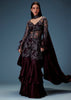 Dark Purple Satin Triple Layered Gathered Sharara With Feather Sleeves Jacket And Bustier