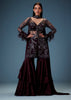 Dark Purple Satin Triple Layered Gathered Sharara With Feather Sleeves Jacket And Bustier