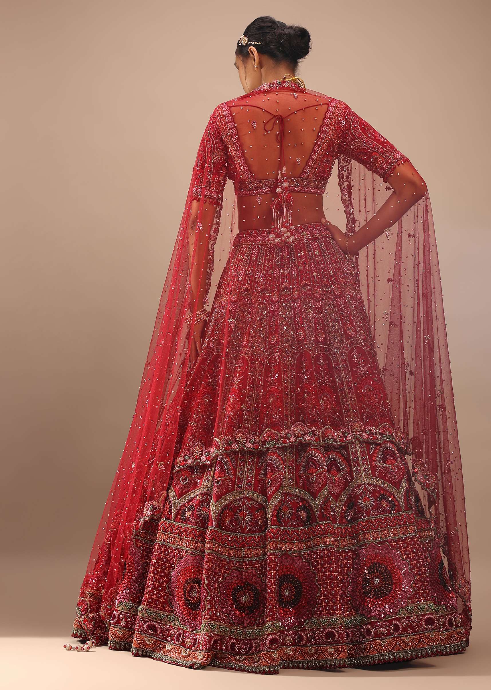 Dark Red Lehenga With A Crop Top In Royal Heritage Embroidery, Crop Top Comes In Scalloped Neckline