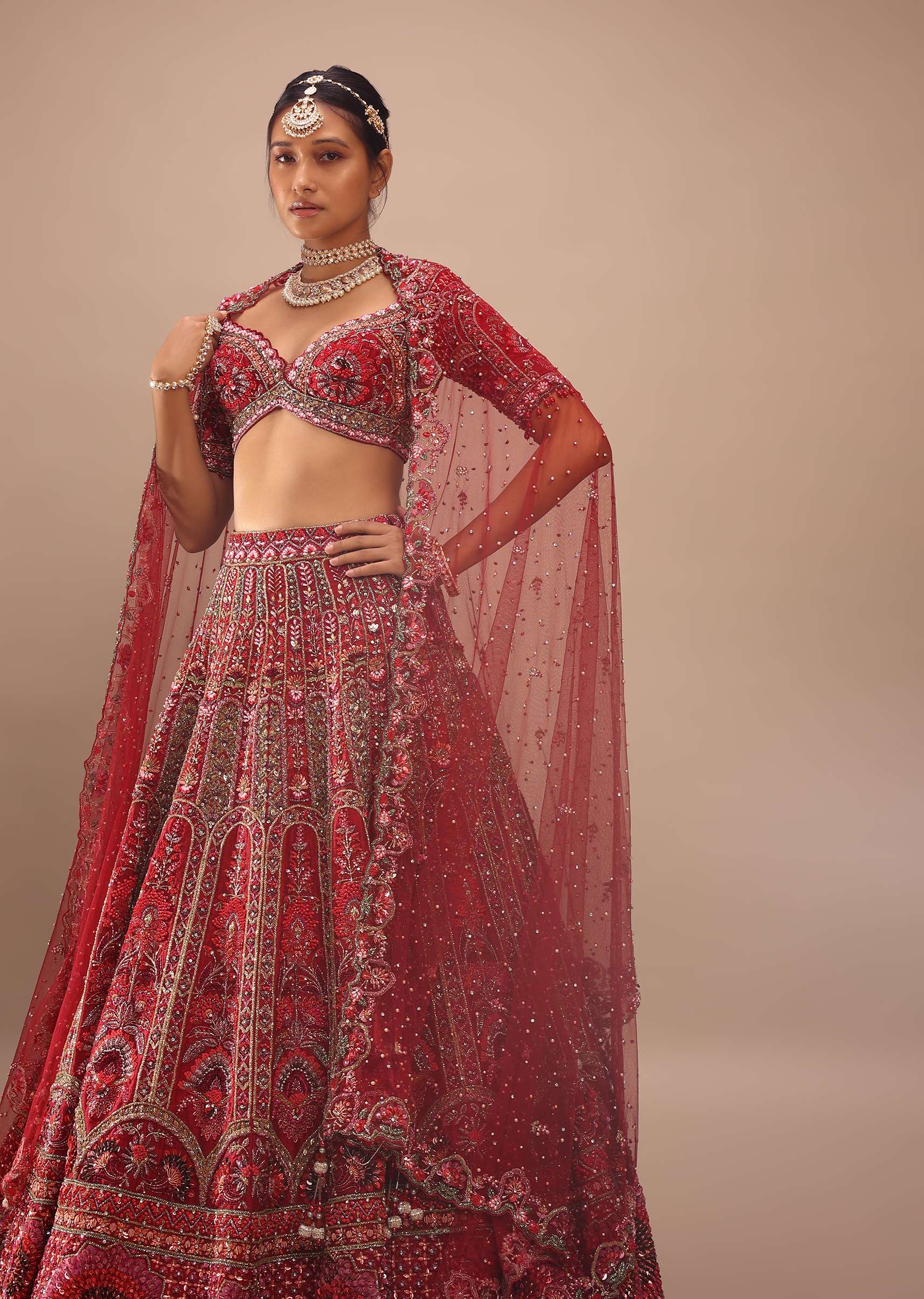 Dark Red Lehenga With A Crop Top In Royal Heritage Embroidery, Crop Top Comes In Scalloped Neckline