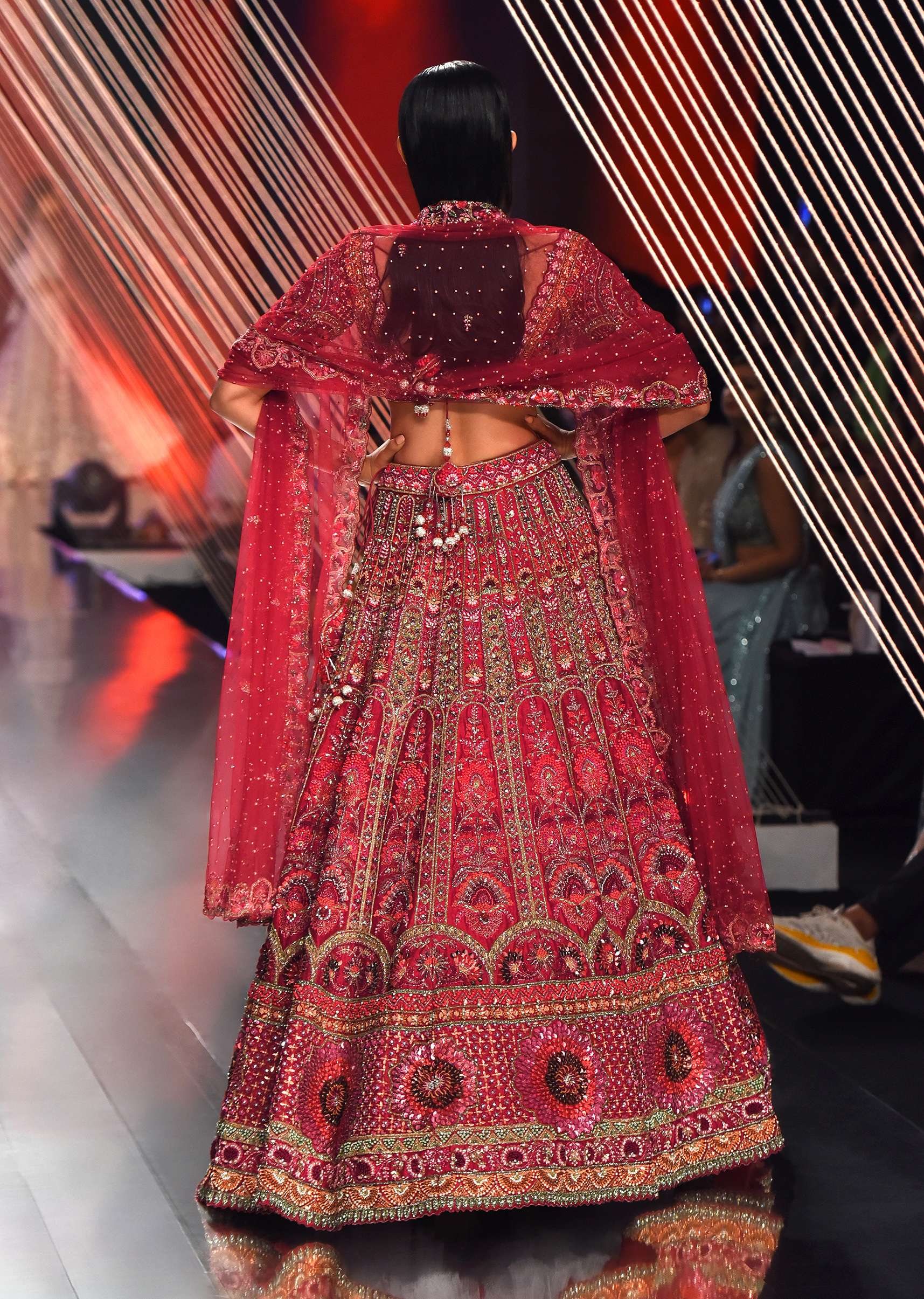 Dark Red Lehenga With A Crop Top In Royal Heritage Embroidery, Crop Top Comes In Scalloped Neckline