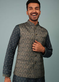 Charcoal Grey Bandi Jacket Set In Linen With Floral Print