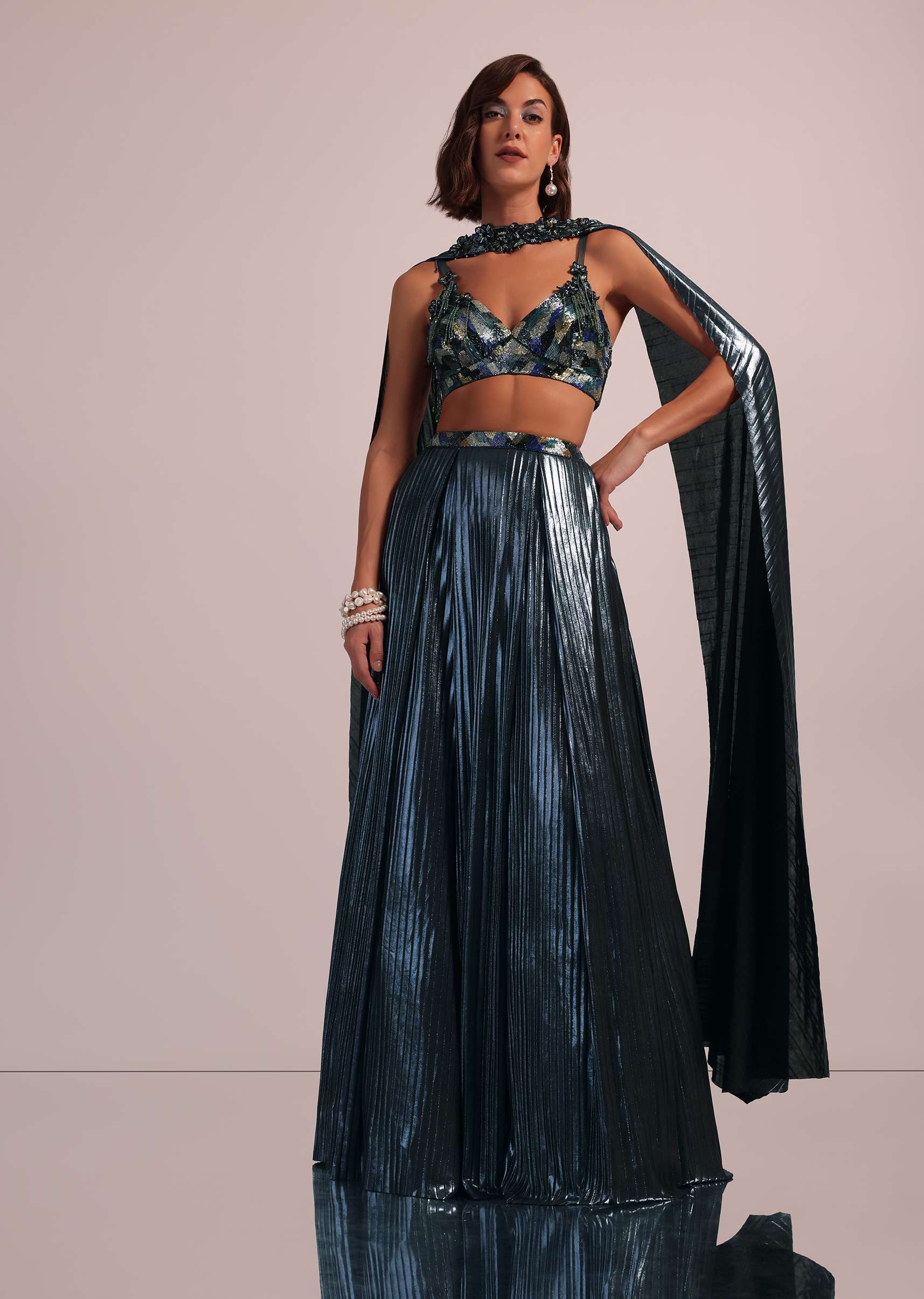 Dark Teal Blue Bridesmaid Lehenga Set With Choker