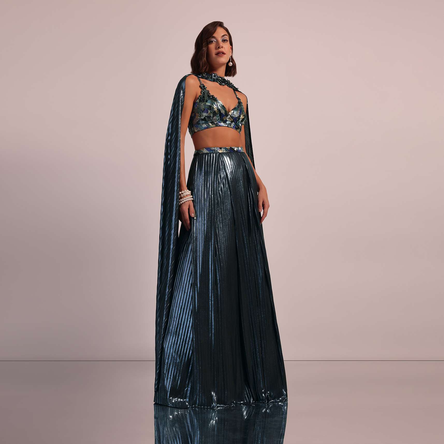 Dark Teal Blue Bridesmaid Lehenga Set With Choker