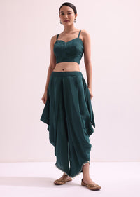 Teal Green Croptop And Dhoti With Embroidered Cape
