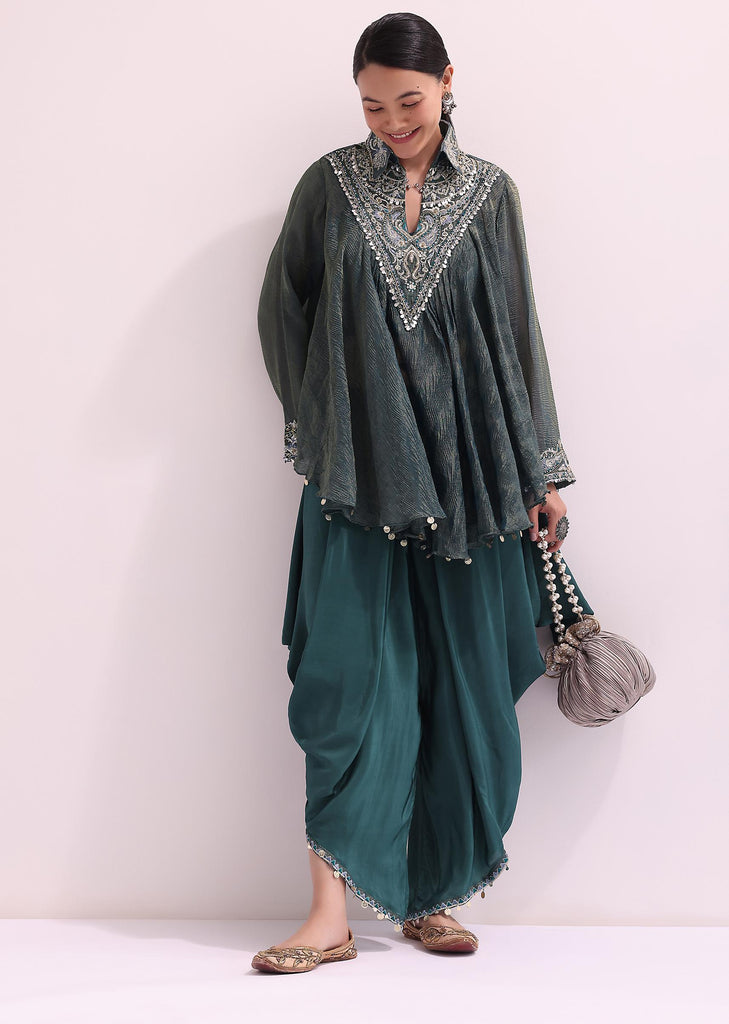 Teal Green Croptop And Dhoti With Embroidered Cape