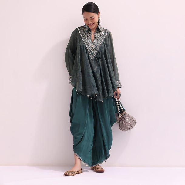 Teal Green Croptop And Dhoti With Embroidered Cape