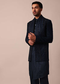 Dashing Blue Jacquard Indowestern For Men