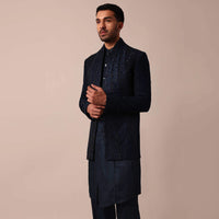 Dashing Blue Jacquard Indowestern For Men