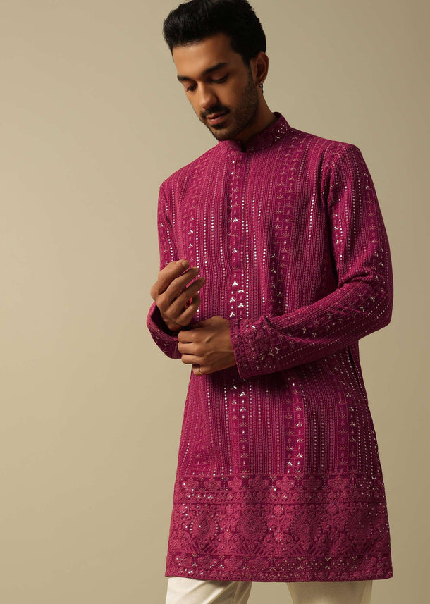 Dazzling Red Georgette Kurta Set For Men