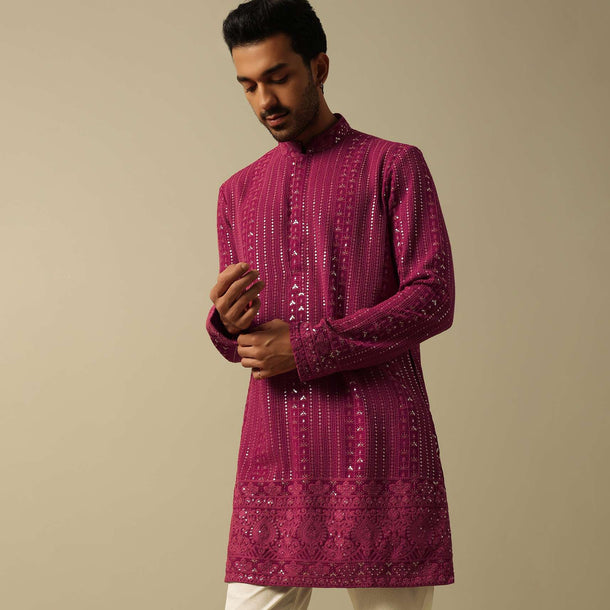 Dazzling Red Georgette Kurta Set For Men