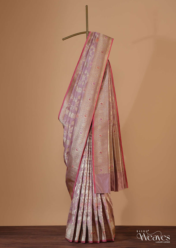 Lavender Purple Saree In Uppada Silk With Meenakari Weave And Unstitched Blouse