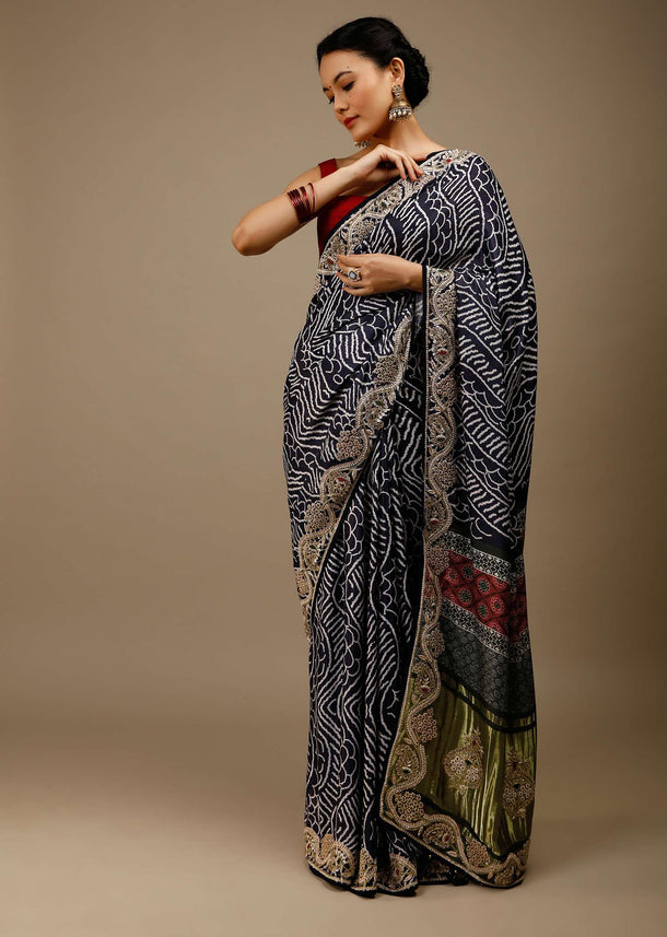 Deep Cobalt Saree In Satin Blend With Abstract Print And Gotta Patti Embroidered Border Design