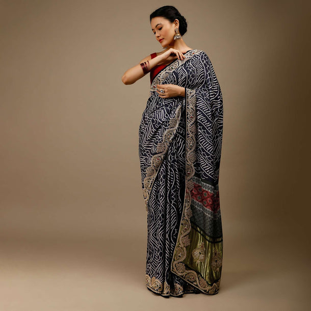 Deep Cobalt Saree In Satin Blend With Abstract Print And Gotta Patti Embroidered Border Design