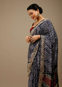 Deep Cobalt Saree In Satin Blend With Abstract Print And Gotta Patti Embroidered Border Design